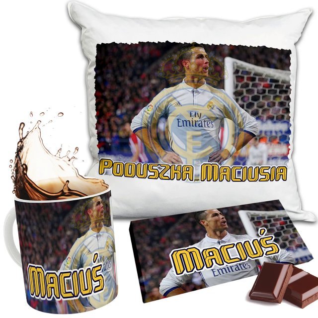 Zestaw CRISTIANO RONALDO CR7 Kubek + Poduszka + Czekolada + Imię Prezent