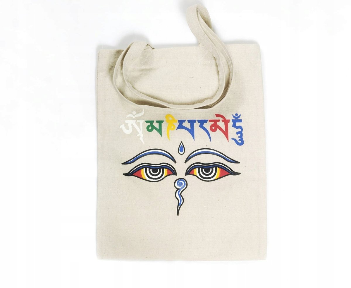 Torba zakupowa z Nepalu, gruba bawełna z nadrukiem - oczy Buddy/Budda eyes