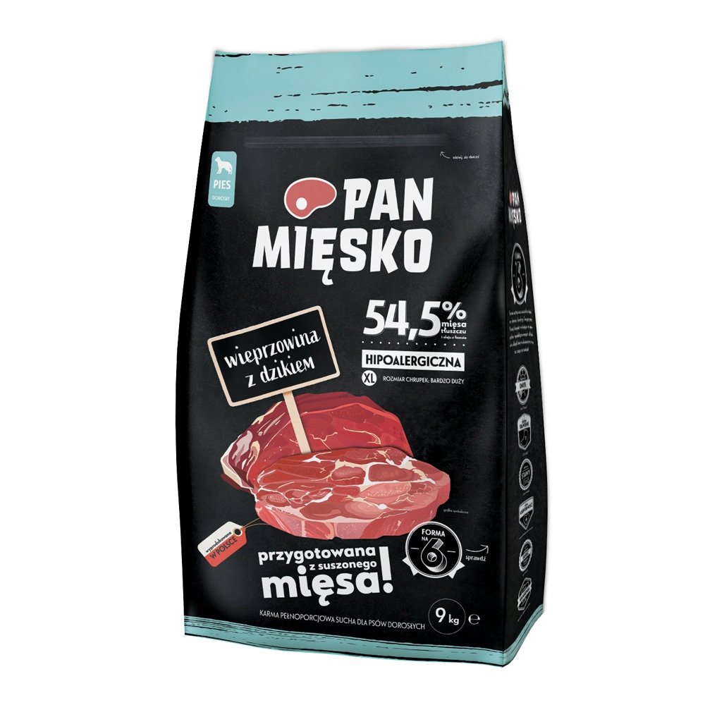 PAN MIĘSKO karma sucha dla psa wieprzowina z dzikiem, chrupki M 9kg