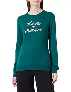 Swetry damskie - Love Moschino Damski sweter z długim rękawem, krój slim fit, z włoskim logo, żakard, Intarsia, zielony, 42 - grafika 1