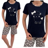 Piżamy damskie - Piżama damska krótka bawełniana granatowa z kokardkami wygodna XL - miniaturka - grafika 1