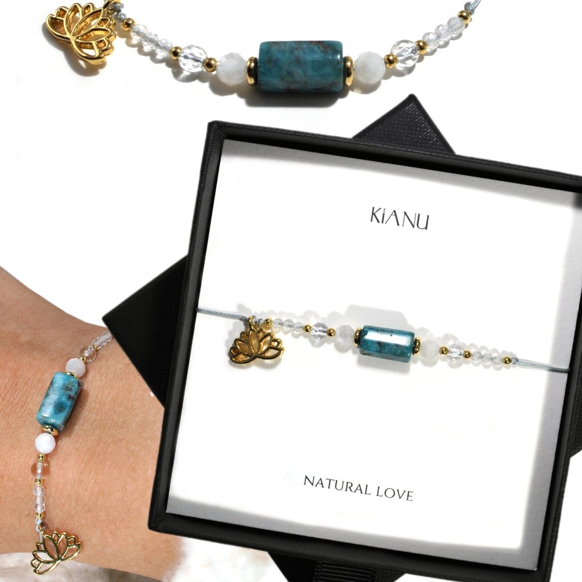 Bransoletka KiANU Apatyt Kryształ Kamień Księżycowy Srebro 925 Prezent Dla Kobiety Żony Mamy