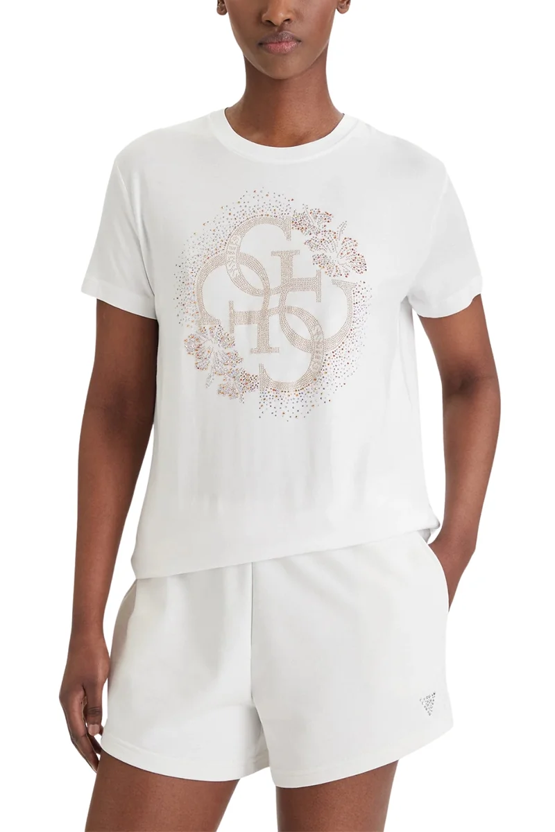 GUESS Biały damski t-shirt na krótki rękaw z cyrkoniami Corinne S