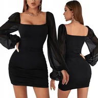 Sukienki - ELEGANCKA SUKIENKA WIECZOROWA MODNA MINI DŁUGI RĘKAW DEKOLT CZARNA M 38 - miniaturka - grafika 1