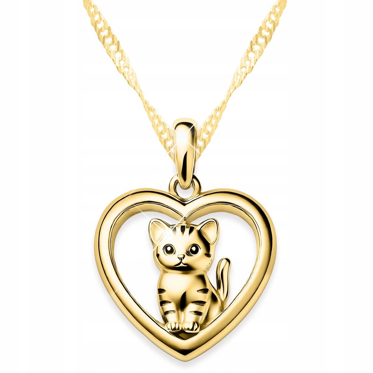 Złoty Naszyjnik z Kotem Kotek Serce Cat Serduszko Kot w Sercu SREBRO 925