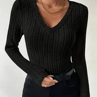 Bluzki damskie - TEMU Damska elegancka, paskowana koszulka z długim rękawem i wycięciem w kształcie litery V - dzianinowa, jednokolorowa, regularny kształt do mody na - miniaturka - grafika 1