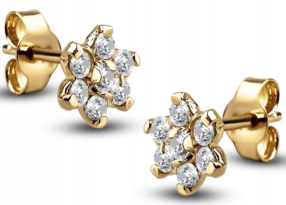 ZŁOTE KOLCZYKI KWIATKI KWIATUSZKI Z CYRKONIAMI 585