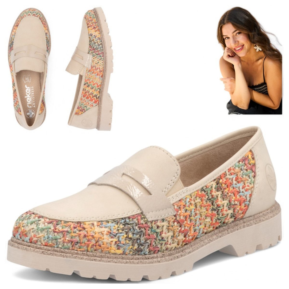 RIEKER Damskie Mokasyny Beżowe Półbuty Modne Wygodne Wsuwane RIEKER Damskie Mokasyny 39 Beżowe Półbuty Modne Wygodne Wsuwane