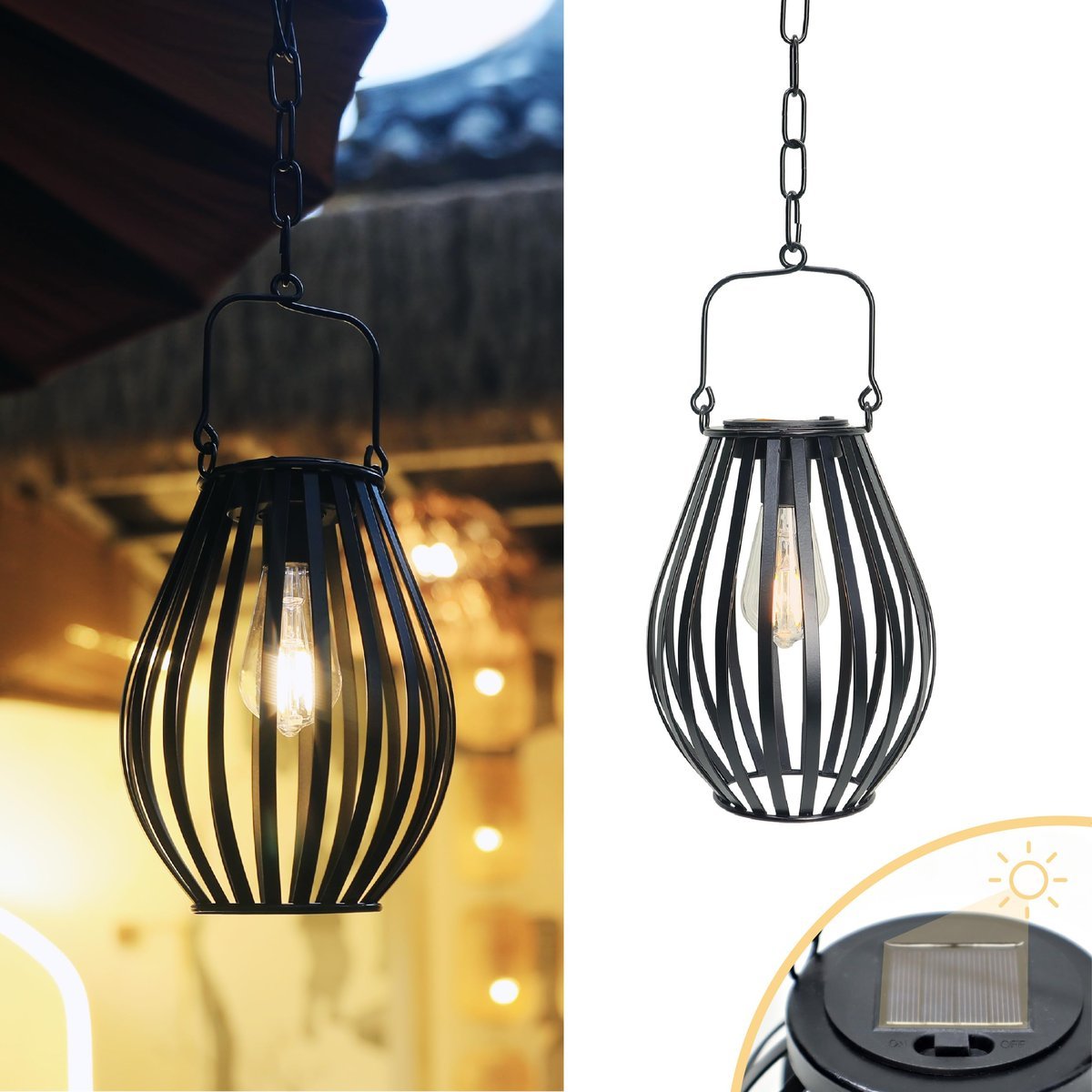LUCOZA Wisząca Lampa Solarna Ogrodowa Metalowa z Łańcuchem IP44 Retro