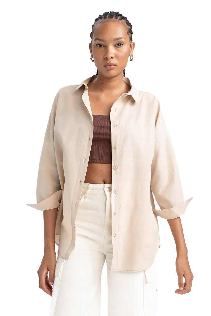 DEFACTO KOSZULA MĘSKA CASUAL BEŻOWA Z DŁUGIM RĘKAWEM S 5DA