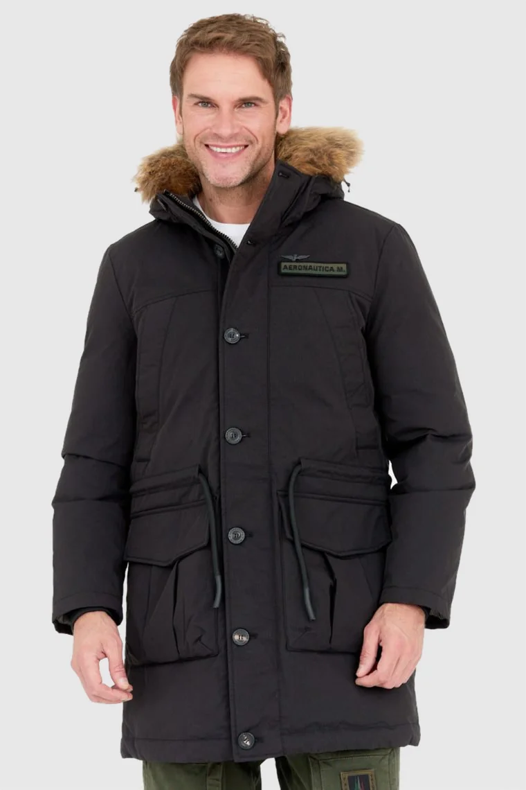 AERONAUTICA MILITARE Czarna parka męska z futrem jenota 54