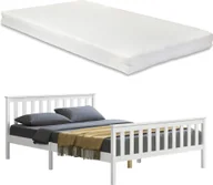 Łóżka - Łóżko drewniane z materacem z zimnej pianki Rama łóżka z wysokim zagłówkiem i stelażem listwowym 160x200 cm Łóżko podwójne Łóżko małżeńskie drewno sosnowe Biały [en.casa] - miniaturka - grafika 1