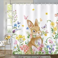 Zasłony prysznicowe - (180×180×1 cm) Kolorowa zasłona prysznicowa z motywem wielkanocnego zajączka i wiosennych kwiatów, tkanina poliestrowa, odporna na pleśń, wodoodporna - miniaturka - grafika 1