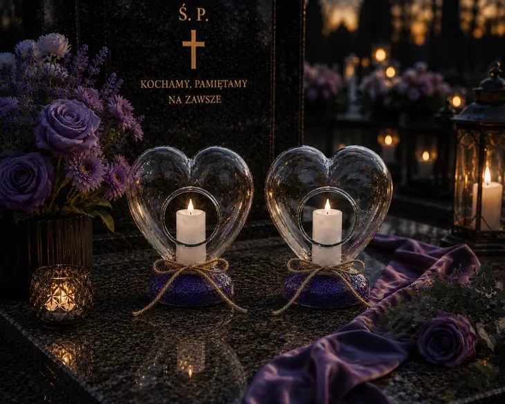 Eleganckie znicze szklane SERCE PREMIUM 2 szt. fioletowe kamyczki LED