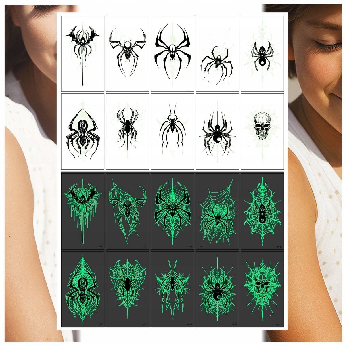 Tatuaże Zmywalne Świecące w Ciemności Pająki Czaszka 10 Wzorów