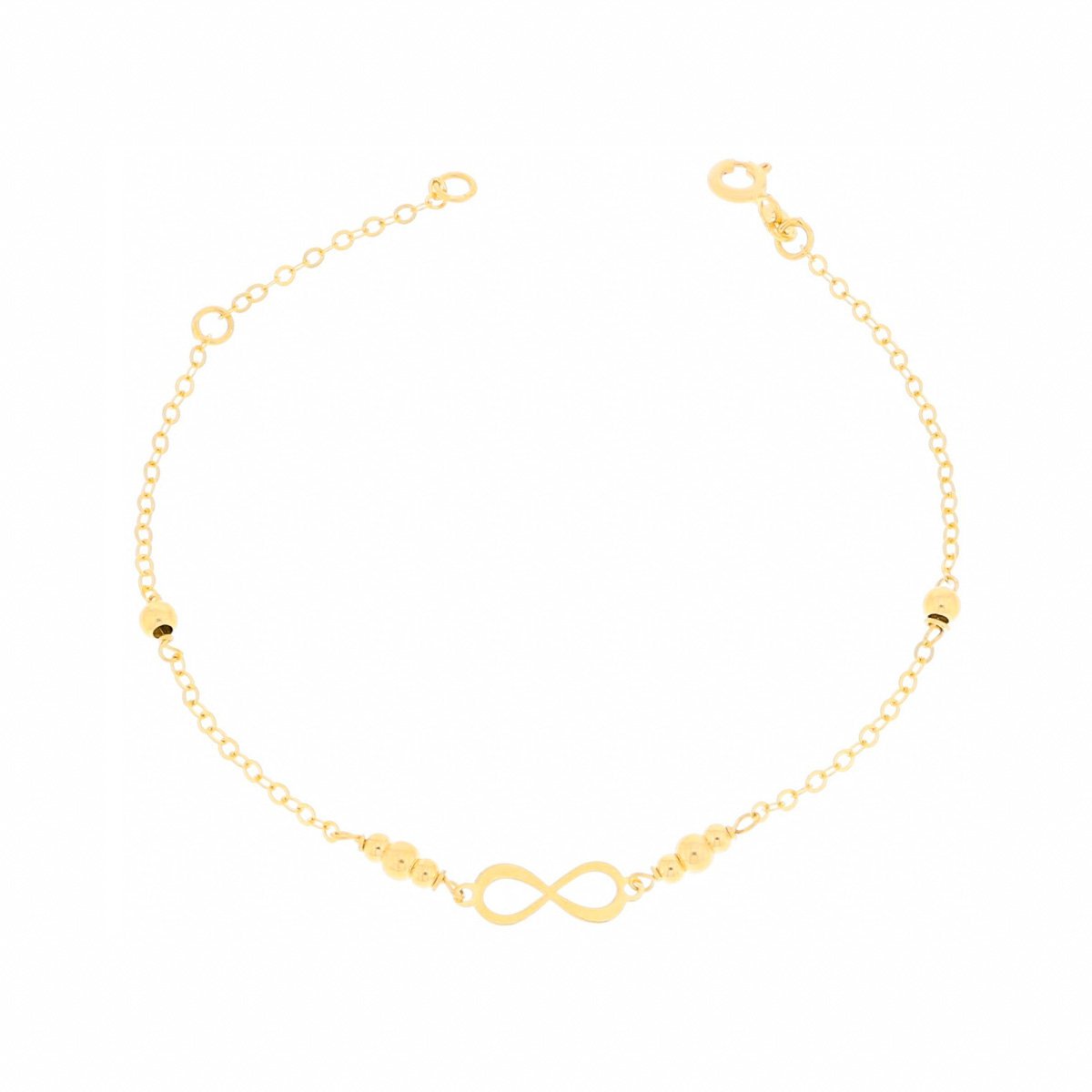 Złota bransoletka celebrytka znak nieskończoności i gładkie kulki 16+3 cm pr. 585