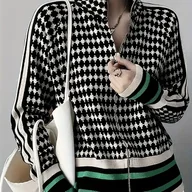 Swetry damskie - TEMU Wealth Elegancki Damski Sweter Kardigan w Kratę i Paski z Zamkiem - Długi Rękaw, Wysoki Kołnierzyk, Pranie Maszynowe, Casualowy Styl Zimowy, - miniaturka - grafika 1