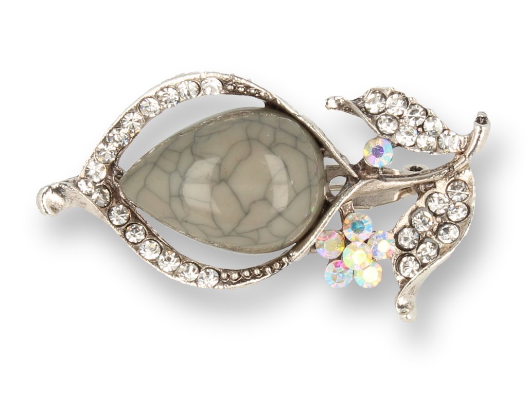 BROSZKA damska szary kwiat z srebrnymi listkami