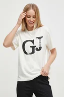 Koszulki sportowe damskie - Guess t-shirt bawełniany damski kolor beżowy - miniaturka - grafika 1