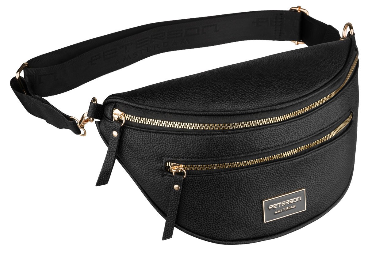 Nerka damsk czarna skóra ekologiczna PETERSON saszetka crossbody miejska modna złote okucia