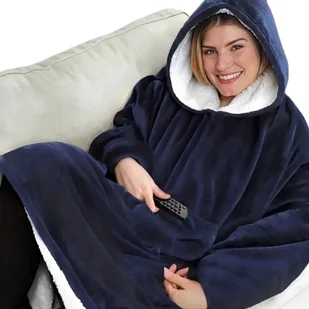 BLUZA KOC KOCOBLUZA OVERSIZE GRUBA FUTRZAK 2w1 CIEPŁA Z KAPTUREM NIEBIESKA - Bluzy damskie - miniaturka - grafika 1