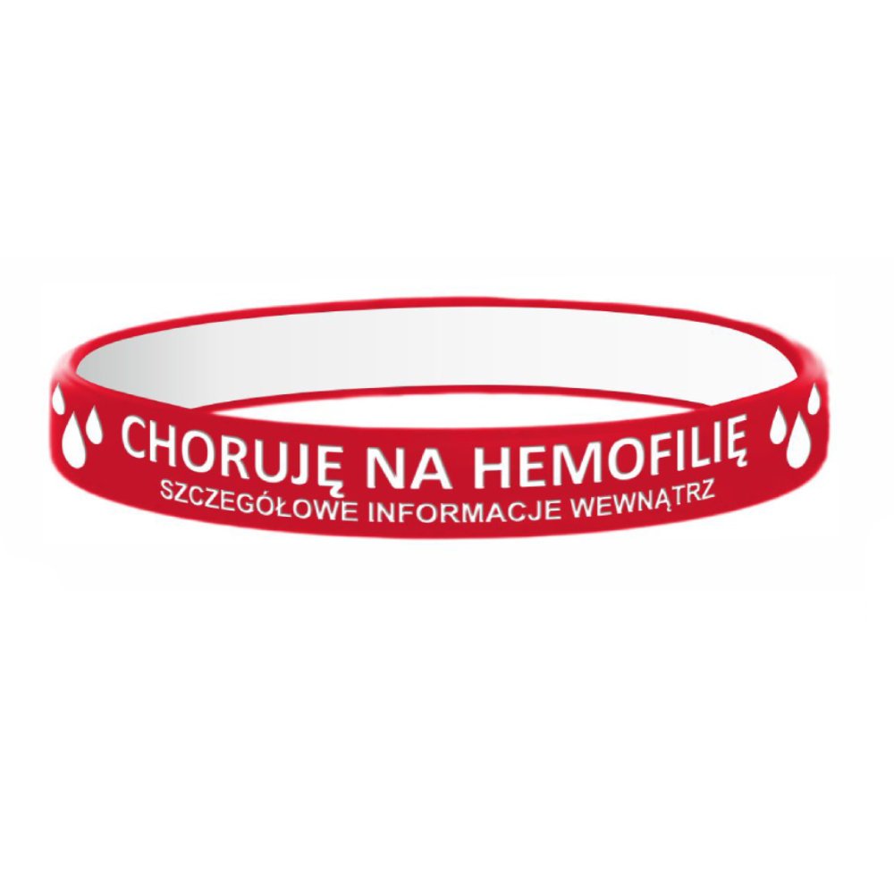 Opaska silikonowa na nadgarstek z miejscem na informacje - Choruję na Hemofilię - czerwona