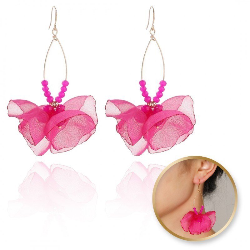 Kolczyki Wiszące, Efektowne Tiulowe Z Koralikami Fuksja K1699