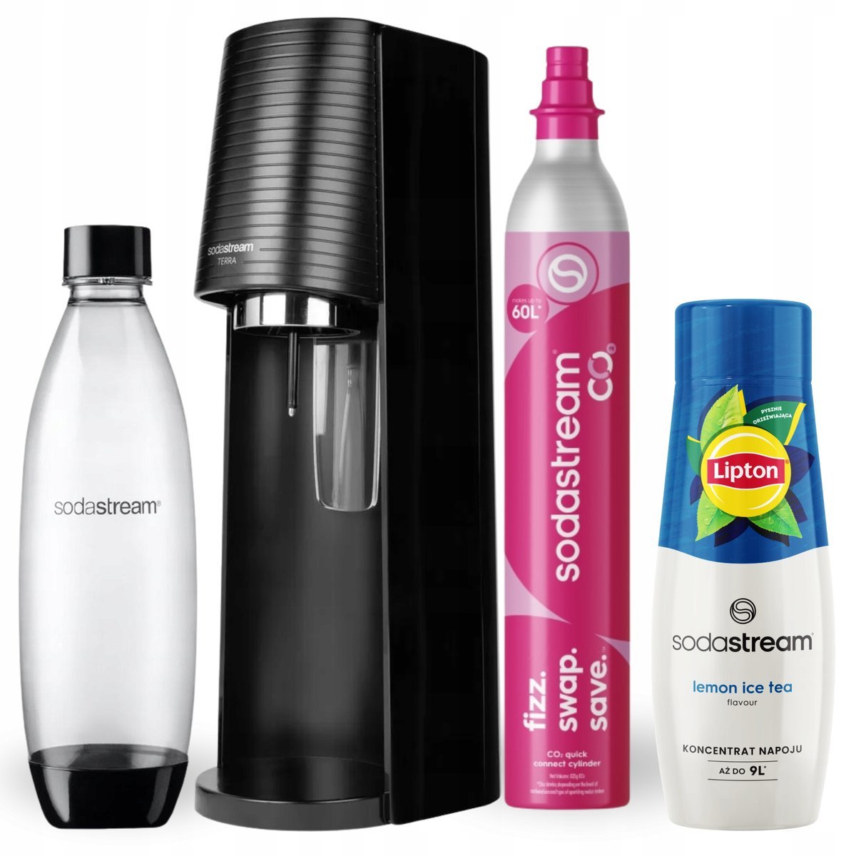 Saturator SodaStream TERRA Czarny + Butelka 1L + Syrop Lipton Ice Tea Lemon