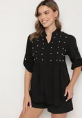 Koszule damskie - Czarna Koszula z Wiskozą Ozdobiona Perełkami Tanavitia - miniaturka - grafika 1