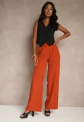 Spodnie damskie - Pomarańczowe Szerokie Spodnie High Waist z Gumką w Pasie Eternel - miniaturka - grafika 1