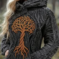 Swetry damskie - TEMU Elegancki Damski Sweter z Kapturem Miękki Haftowany Drzewo Życia Węzeł, Blok Kolorów, Modny Wygodny Casualowy Vintage Pulower do Dojazdów do - miniaturka - grafika 1
