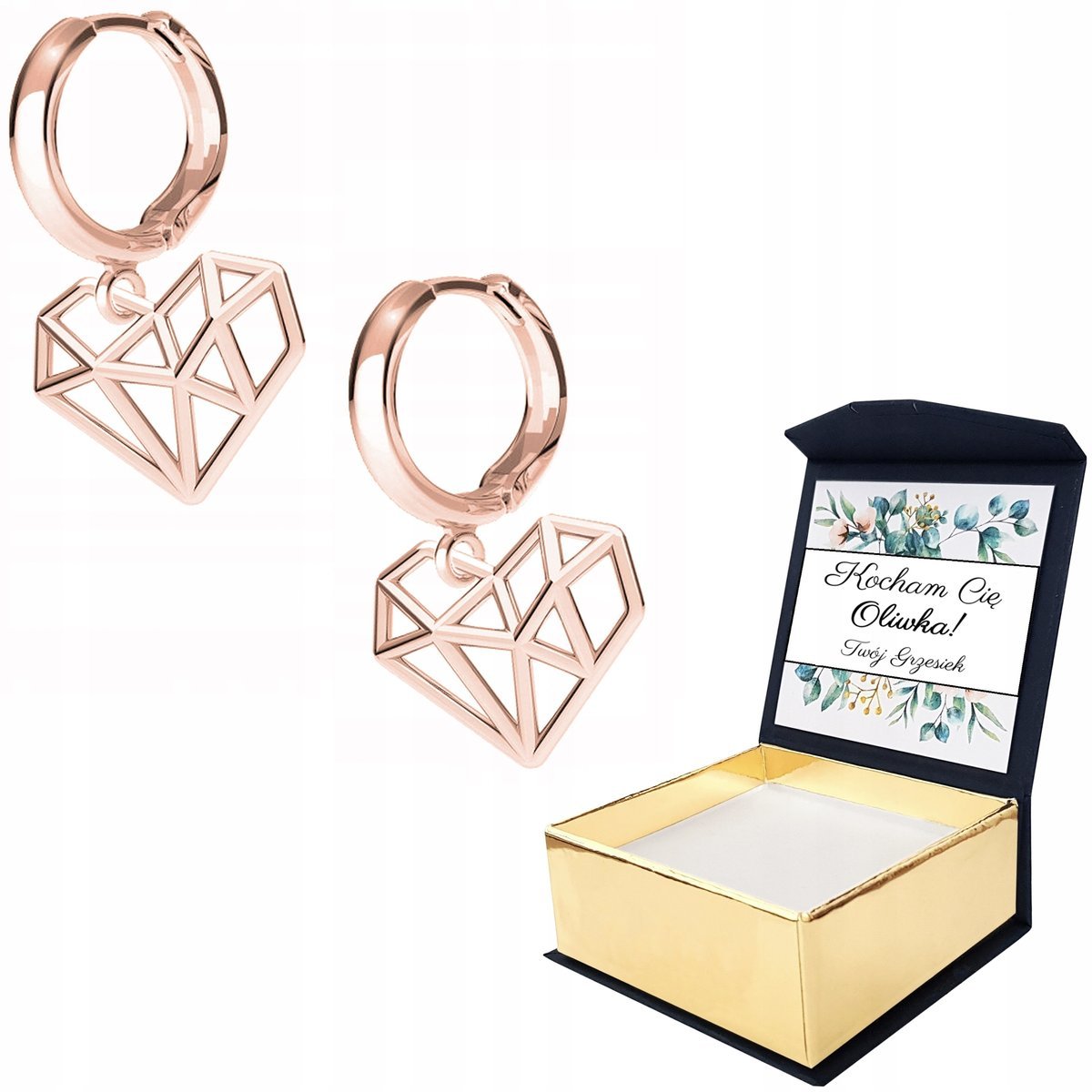 Kolczyki różowe złoto Serce 925 WŁASNY NADRUK