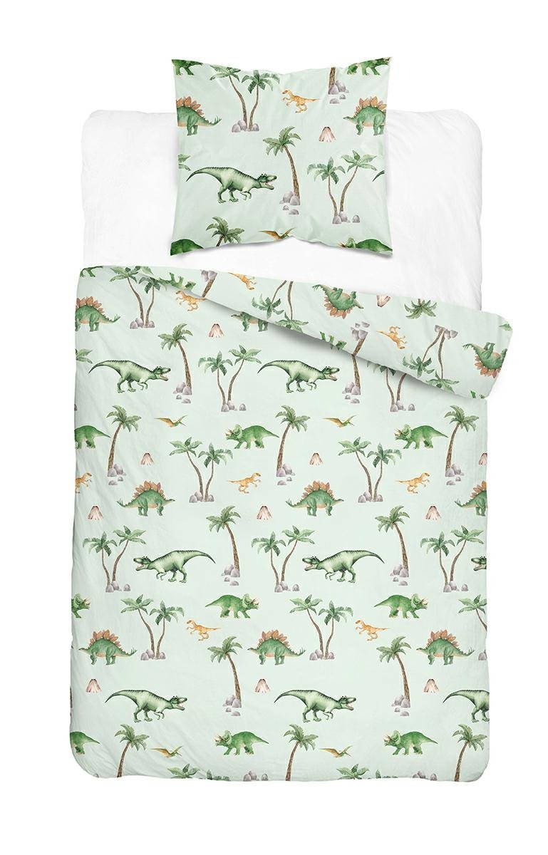 Pościel młodzieżowa 140x200 zielona z dinozaurami i palmami - Cotton Junior Basic Collection