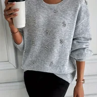 Swetry damskie - TEMU Sweter Damski Elegancki z Luźnym Krojem - Modny Sweter z Opadającymi Ramionami na Codzienność i Styl Formalny, Nieprześwitujący Jednokolorowy - miniaturka - grafika 1