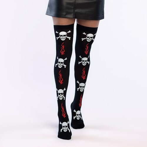 Boland - 87865 – kozaki za kolano z czaszką, pończochy samonośne na karnawał, imprezę tematyczną, Halloween, Dia de los Muertos