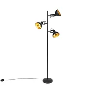 Lampy stojące - QAZQA Industrialna lampa podłogowa czarna ze złotym wnętrzem 3-źródła światła - Tommy - miniaturka - grafika 1