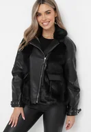 Kurtki damskie - Czarna Kurtka z Imitacji Skóry Ozdobiona Futerkiem Coumballe - miniaturka - grafika 1