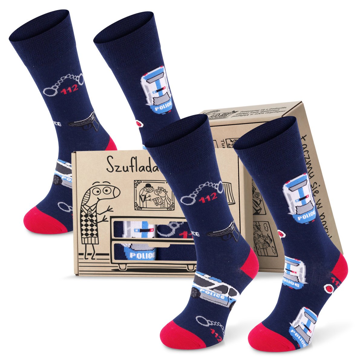 Bawełniane Skarpetki Comodo Uniseks Policja 43-46, Zestaw 2 Par Cienkich, W Pudełku Na Prezent Dla Policjanta.