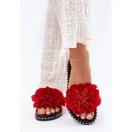 Klapki i japonki damskie - Klapki Damskie Z Materiałowymi Kwiatami Czerwone - Inna marka - miniaturka - grafika 1