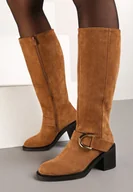 Kozaki damskie - Brązowe Ocieplane Kozaki na Obcasie Ozdobione Klamrą Asiti - miniaturka - grafika 1