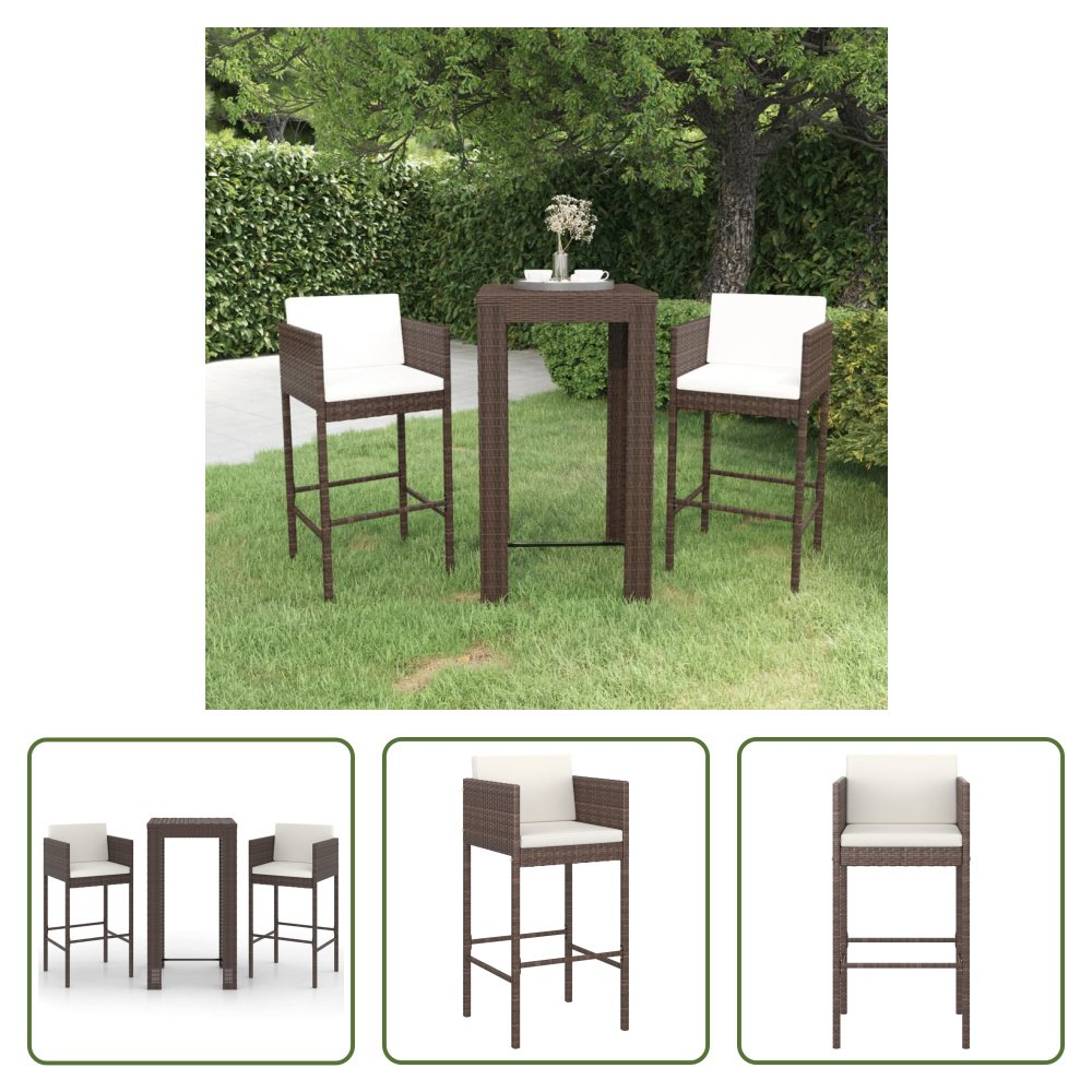 The Living Store 3-częściowy ogrodowy zestaw barowy z poduszkami z polirattanu brązowy