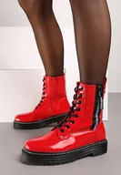 Botki damskie - Czerwone Lakierowane Płaskie Botki w Stylu Workerów Ozdobione Napisami Ciamara - Born2be - miniaturka - grafika 1