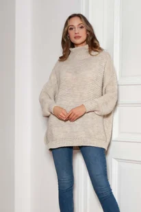Oversizowy Sweter z Luźnym Golfem - Beżowy - Swetry damskie - miniaturka - grafika 1