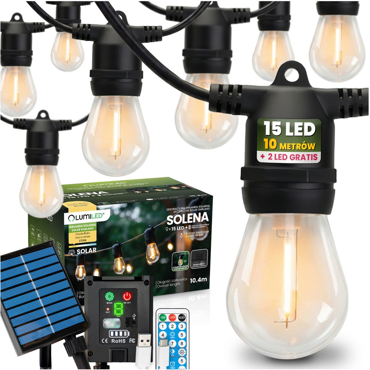 Lumiled Girlanda Solarna Ogrodowa 15x LED Ozdobne Żarówki 10,4m 2700K Ciepła + Pilot SOLENA