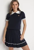 Komplety damskie - Granatowy Komplet Dzianinowy z Wiskozą Koszulka Polo i Plisowana Spódnica Nelreis - miniaturka - grafika 1