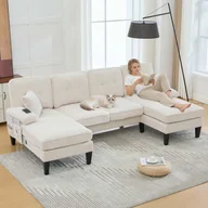 Sofy i kanapy - Sofa 4-osobowa w kształcie litery U z podwójnym szezlongiem w kolorze sztruksowym, wygodne siedzisko, nowoczesne oparcie, kolor beżowy - miniaturka - grafika 1