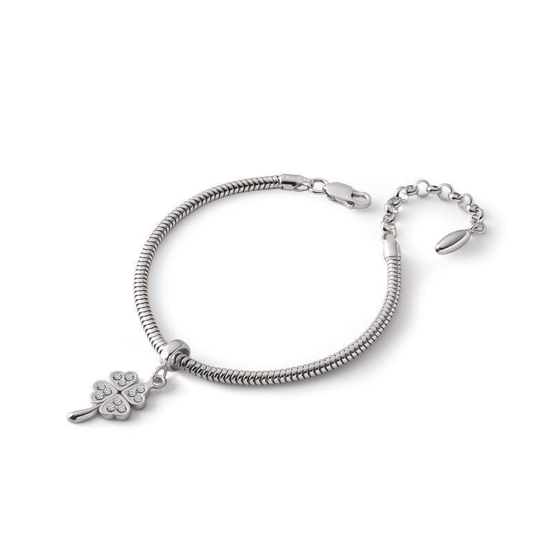 Bransoletka z zawieszką typu beads – koniczynka z cyrkoniami na łodyżce, srebro 925 pokryte platyną