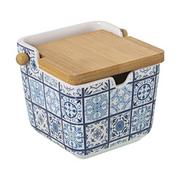 Cukiernice - DRW Ceramiczna cukiernica z drewnianą pokrywą Mozaika Niebieski 9x9 cm - miniaturka - grafika 1