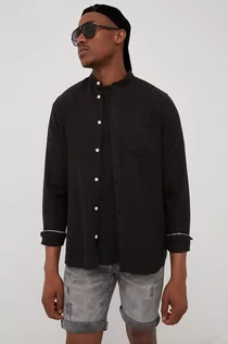 Koszule męskie - Solid koszula lniana męska kolor czarny regular ze stójką - grafika 1