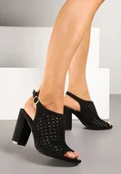 Sandały damskie - Czarne Sandały na Słupku z Ażurową Cholewką i Skórzaną Wkładką Linalira - miniaturka - grafika 1